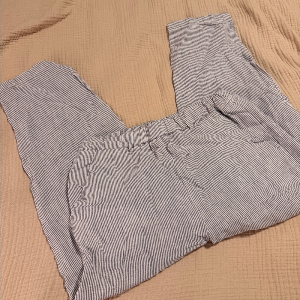 Quince 100% European Linen pants in Blue Pinstripe